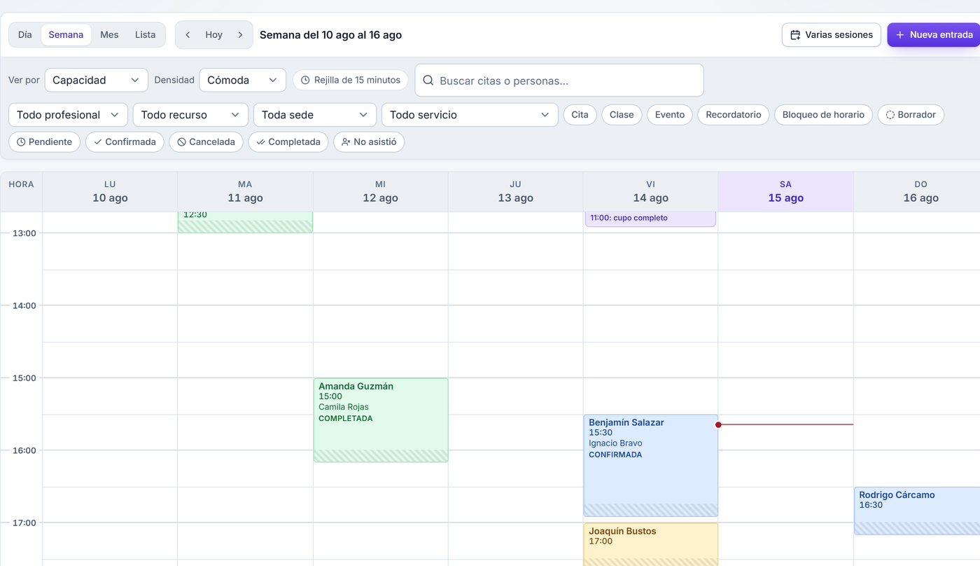 Agenda semanal de Agency OS con citas confirmadas y completadas.