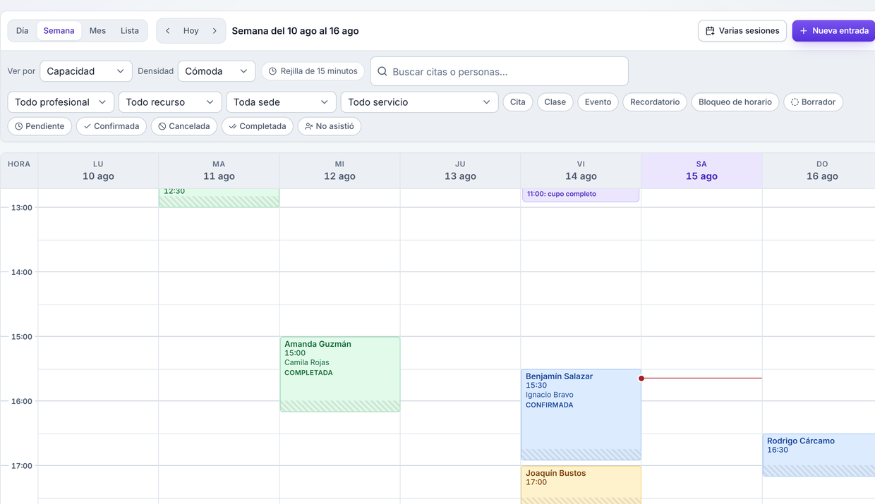 Agenda semanal de Agency OS con citas confirmadas y completadas, y filtros por profesional, recurso, sede y servicio.