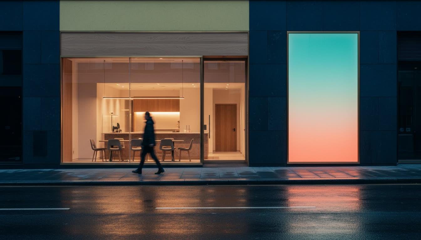 Una fachada de un negocio al anochecer: el interior iluminado a la izquierda y, a la derecha, un panel de luz encendido en un degradado de coral a turquesa.