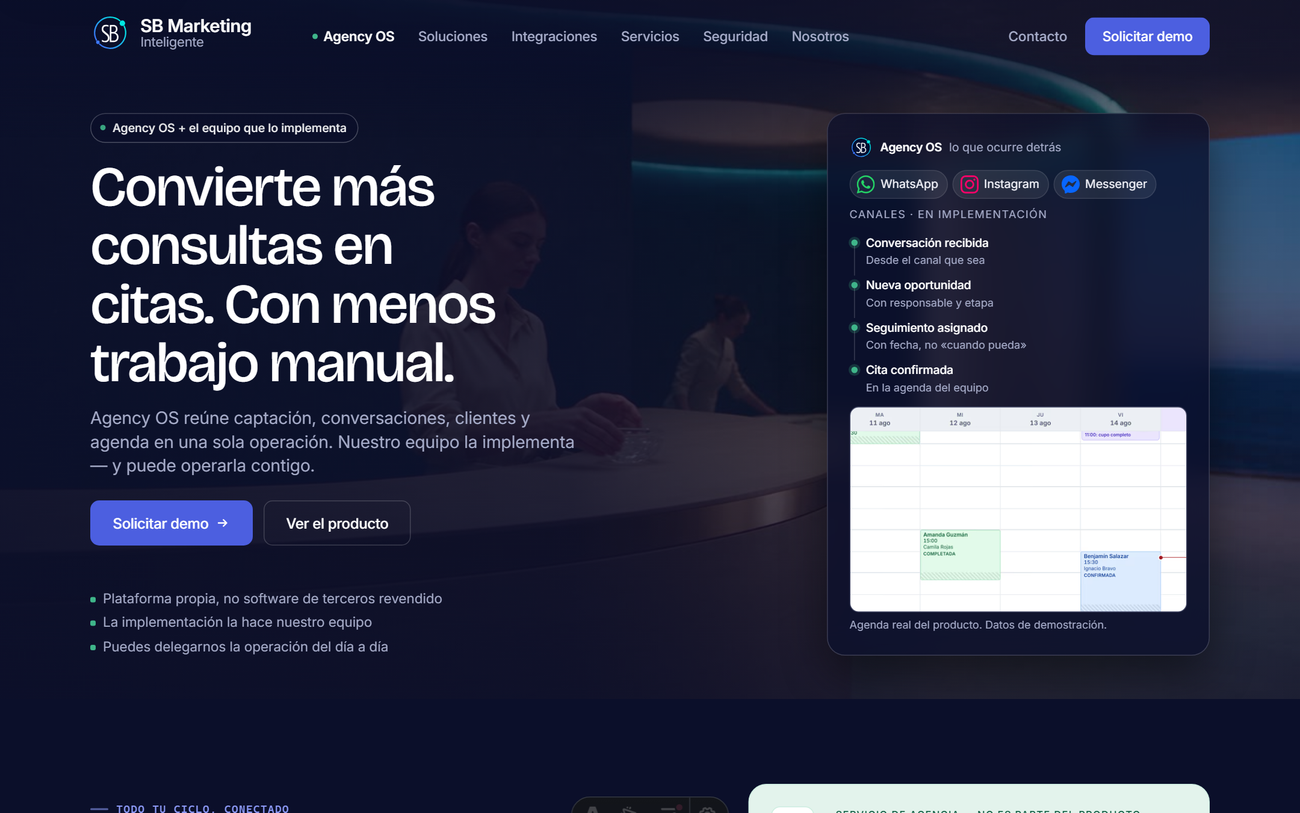 La portada de sbmarketing.cl vista en un navegador de escritorio a 1440 píxeles de ancho.